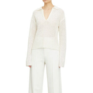 Vince Baja Textured Polo Open Knit Sweater Size S Ivory Preppy Coastal Old Money